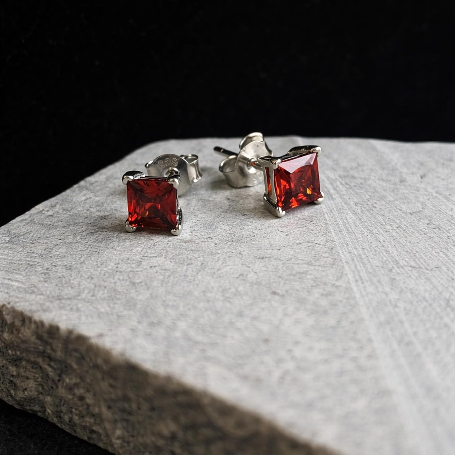 Men’s Red Zircon Stud Earrings, Square Cut Cubic Zirconia, Sterling Silver 925