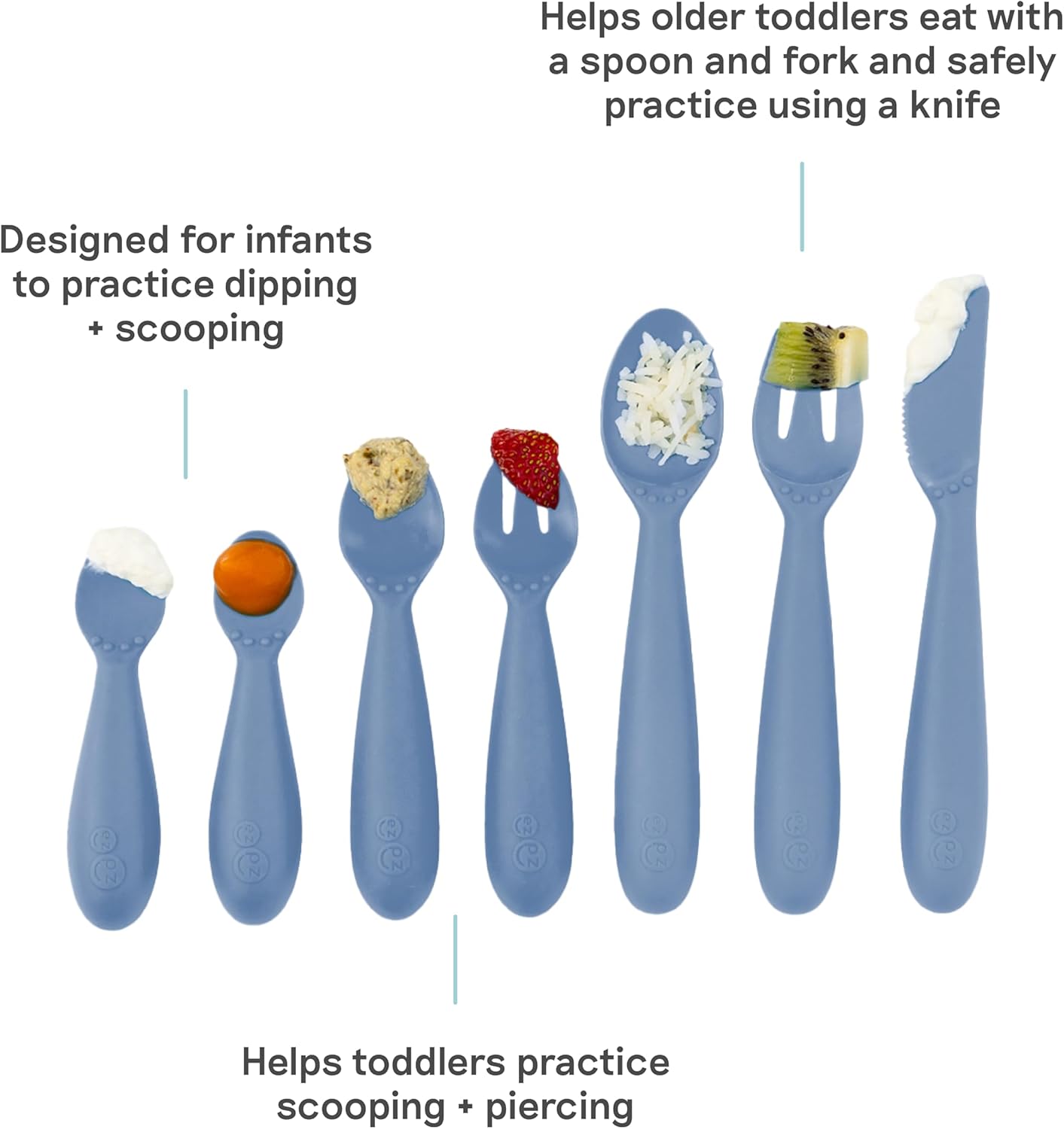 ezpz Developmental Utensils Set (Indigo) - BPA Free Utensils - 100% Silicone and Nylon - Designed by a Pediatric Feeding Specialist - Baby Essentials & Baby Gifts