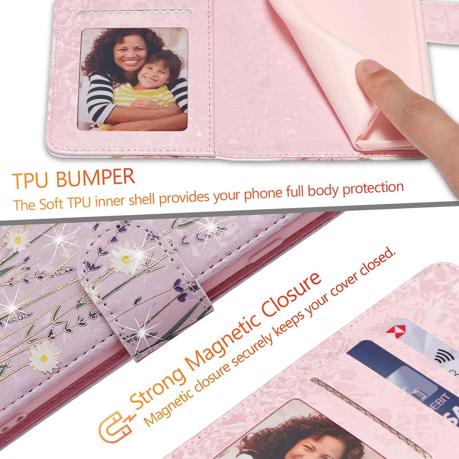 UEEBAI Wallet Case for iPhone 17, PU Leather Phone Cover Kickstand RFID Blocking Flip Case Card Slots Wrist Strap Relief Engraved Pattern Magnetic Closure Flower Folio Wallet, Lavender - Image 7