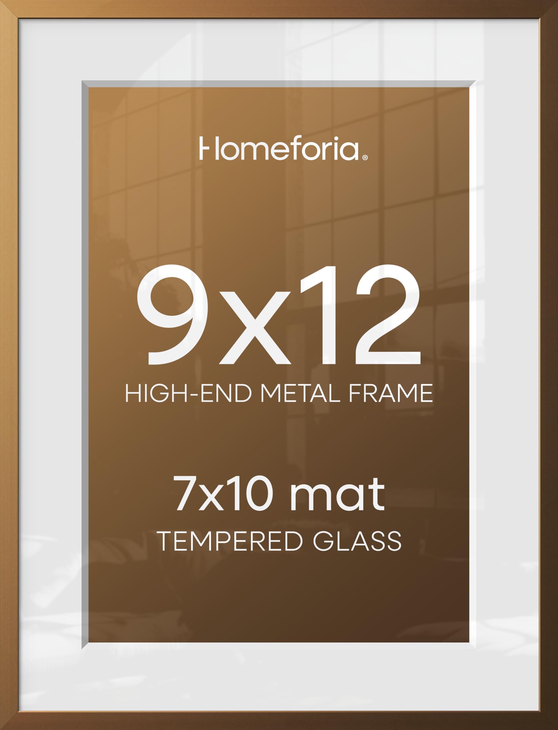 Homeforia 9x12 Bronze Picture Frame, High-End Metal, 7x10 Mat, Glass | High End Aluminum, Tempered Glass, Acid-Free 7x10 Removable Mat, 9x12 in Edge-to-Edge Display 12x9, Wall Kit, Set Of 1