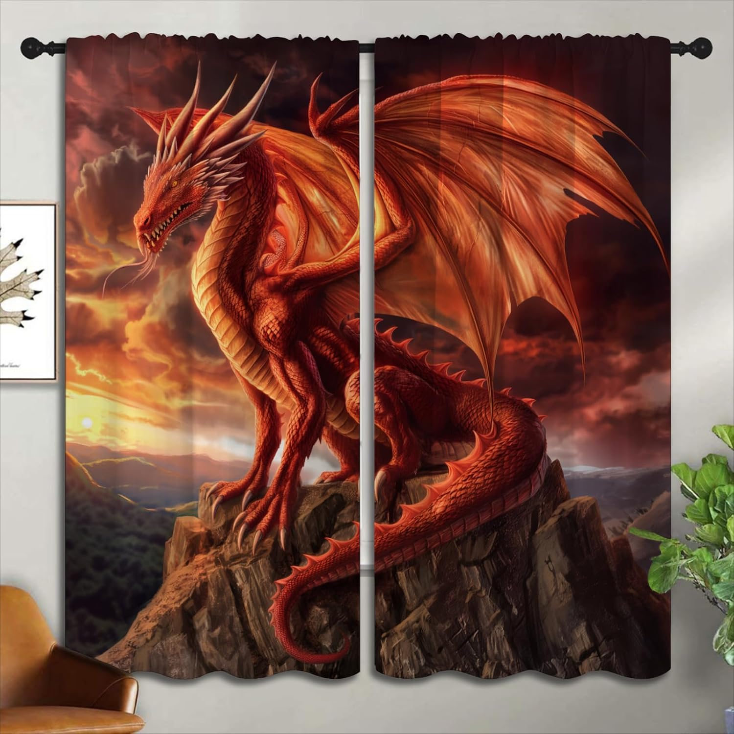 Red Dragon Blackout Curtains for Boys Girl Bedroom Home Decor, Cool Magic Fantasy Forest Wild Animal Thermal Insulated Rod Pocket Darkening Living Room Window Drapes, 55 x 63 inch