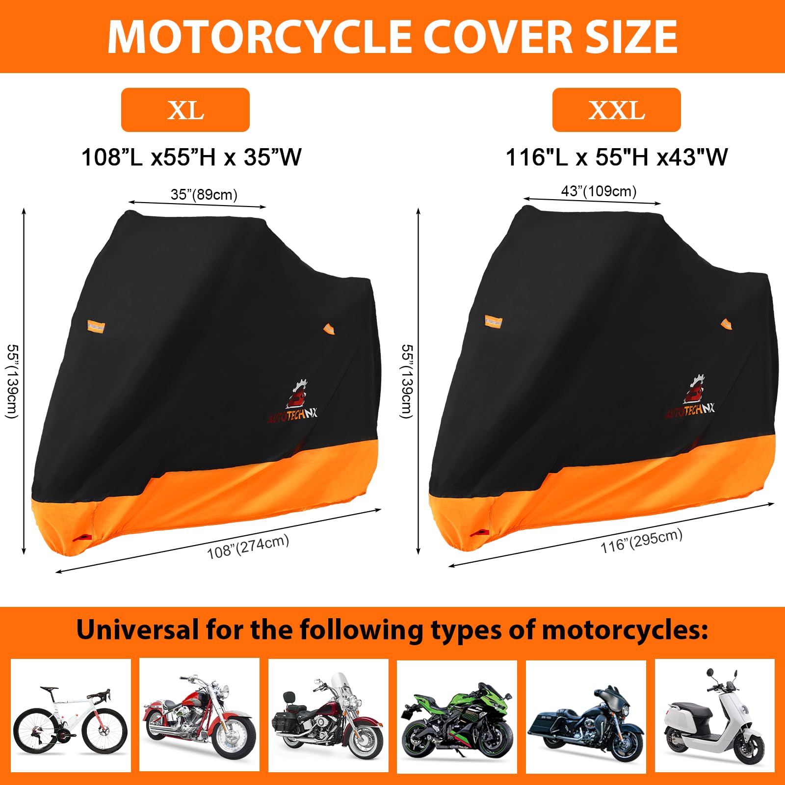 600D Motorcycle Cover Waterproof Outdoor All Season Universal Weather Protection Durable Scooter Cover with Reflective Strips Lock Holes Storage Bag for Harley Davidson Road Glide Low Rider(2XL)