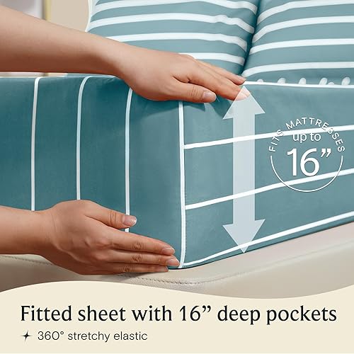Miniatura 5 de LuxClub Juego de sábanas a rayas de tamaño Queen, 6 piezas de sábanas a rayas, bolsillos profundos de 18 pulgadas, ecológicas, sin arrugas, lavables