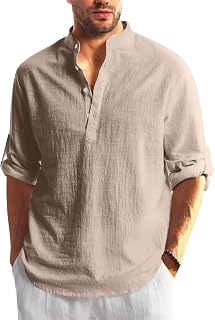 LEXUPE Mens Beach Shirts,Cotton Linen Blouse Summer Casual 3/4 Sleeve T Shirts Button Down V Neck Shirts Solid Color