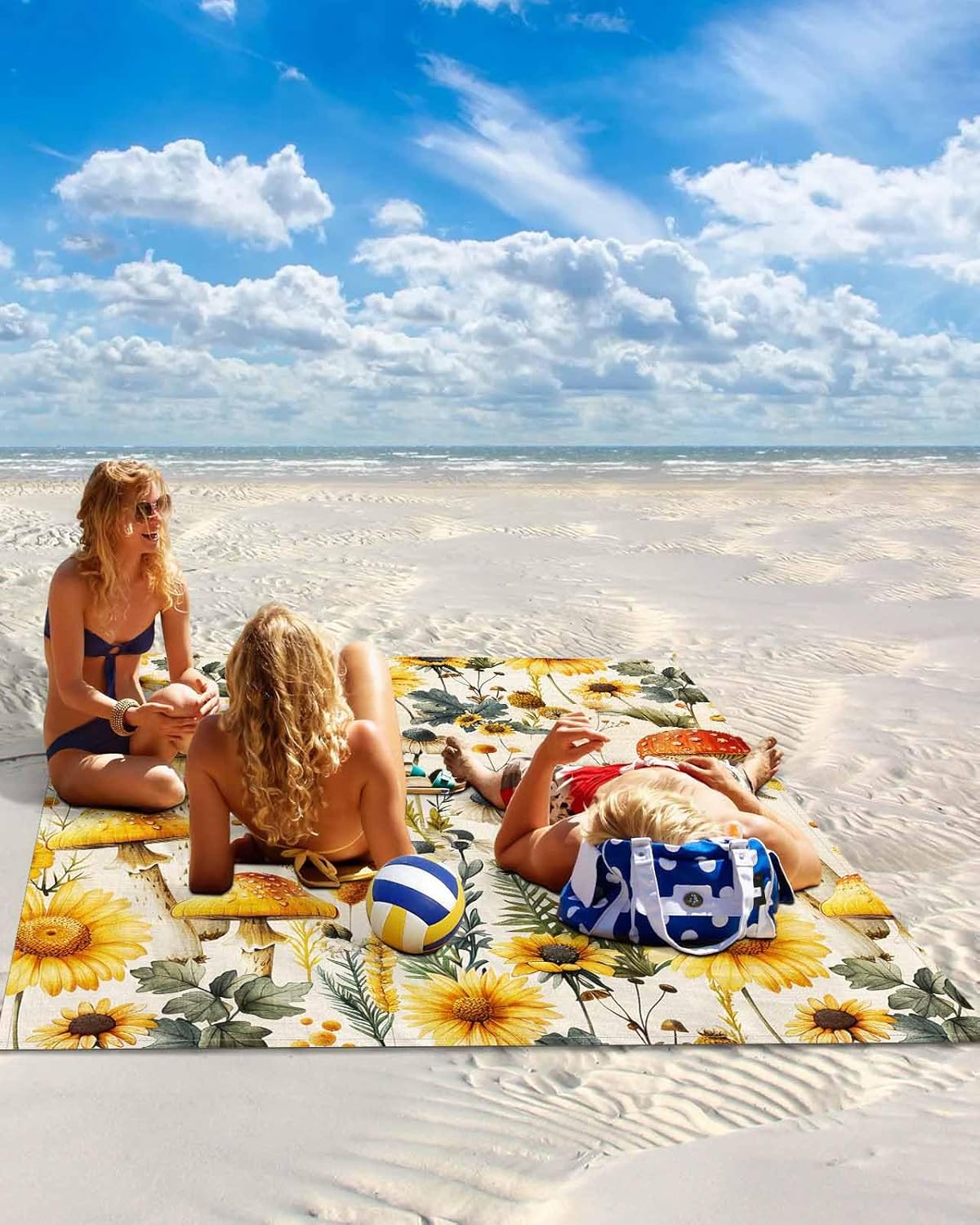 Beach Blanket Waterproof Sandproof Beach Mat,Autumn Watercolor Mushroom Farm Plant Picnic Blankets with Sand Pockets and Stakes,Country Sunflower Flowers on Beige Outdoor Pad for Seaside,Travel