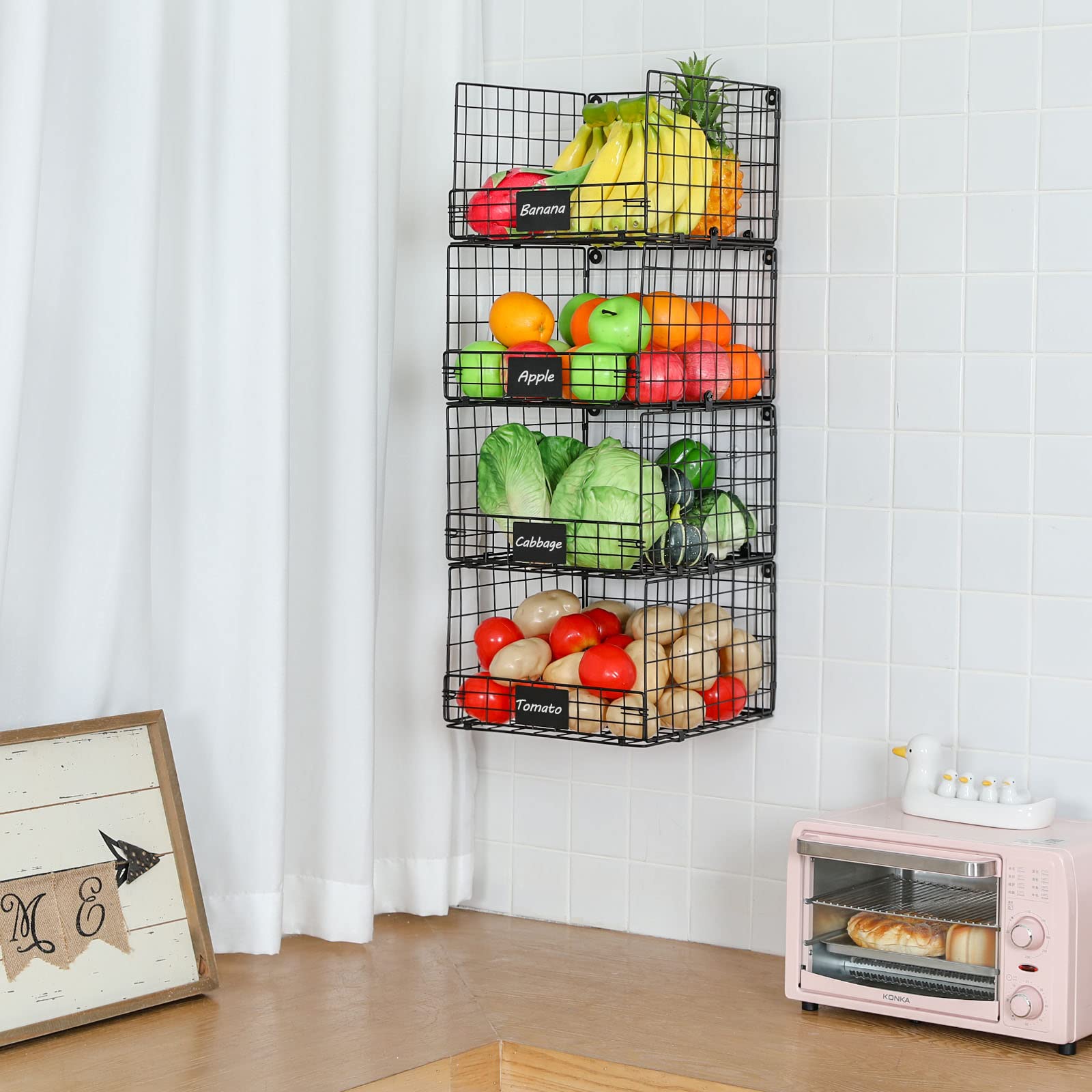 Jautokerdar 4 Tiers Hanging Closet Shelves-Clothes Haning Organizer with Name Plate S Hooks, Wall Mount&Cabinet Wire Storage Basket Bins, for Clothing Sweaters Shoes Handbags Clutches Accessories