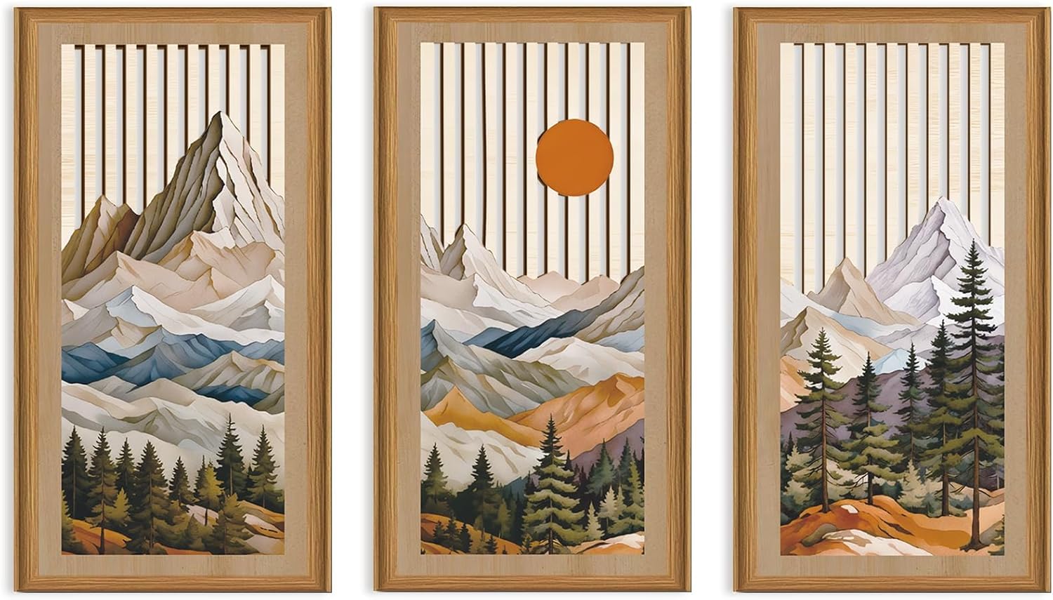 ANHUIB 3Pcs Boho Wooden Wall Art Set Abstract Mountain Wood Wall Art Modern Geometric Artwork Hollow Wall Decor Bohemian Sun Forest Wood Wall Decor Mountain Tree Hanging Decor for Living Room Bedroom