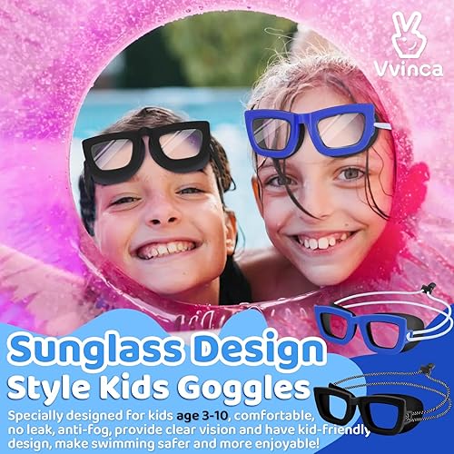Miniatura 2 de Vvinca Gafas de natación para niños, paquete de 2 gafas de natación para niños pequeños, correa elástica, sin tirones de pelo, antivaho, gafas de