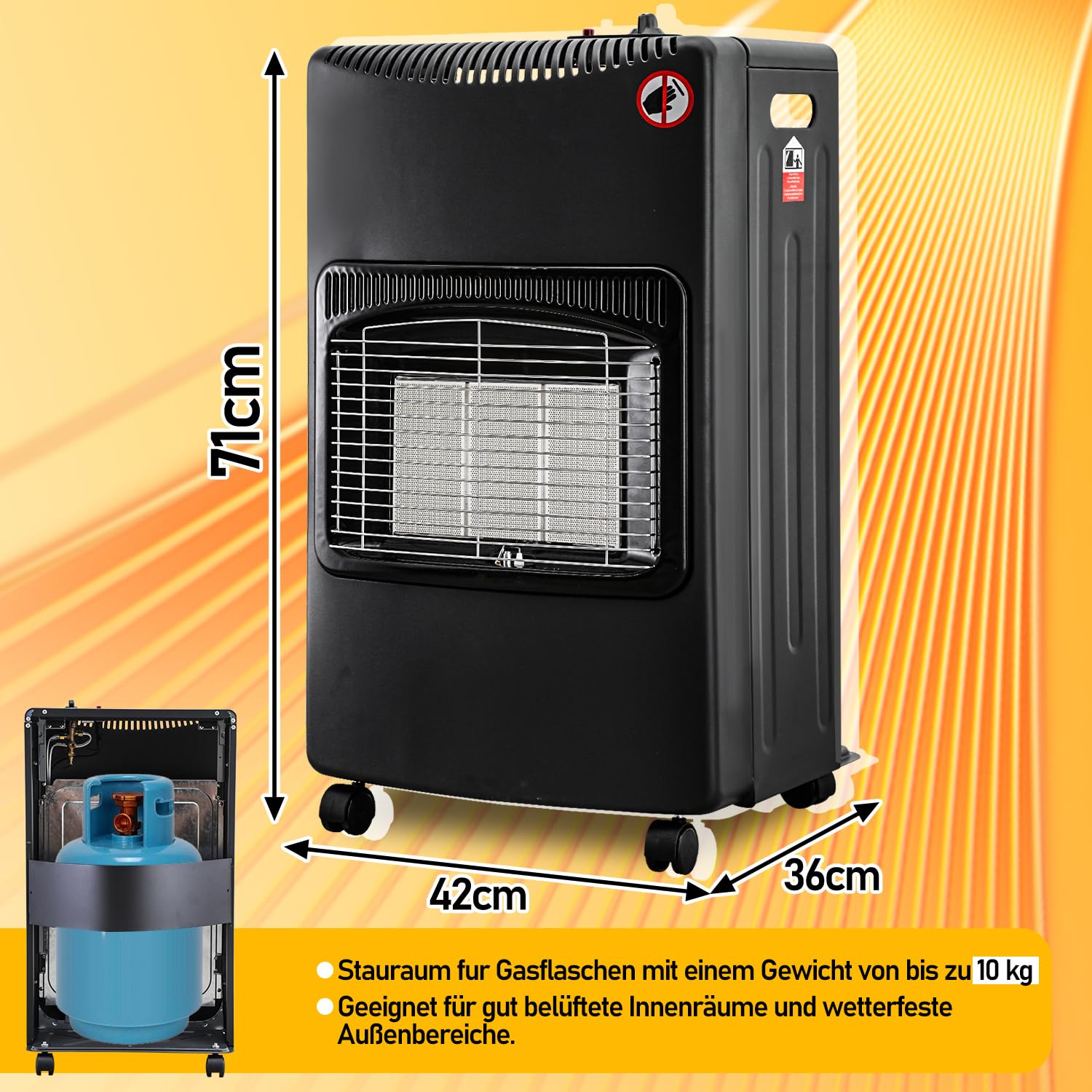 Piec gazowy 4,2 kW, grzejnik gazowy, grzejnik gazowy, butle na butan lub propan, do 10 kg, w zestawie regulator ciśnienia gazu, wąż gazowy, ochrona przed utratą płomienia, zabezpieczenie