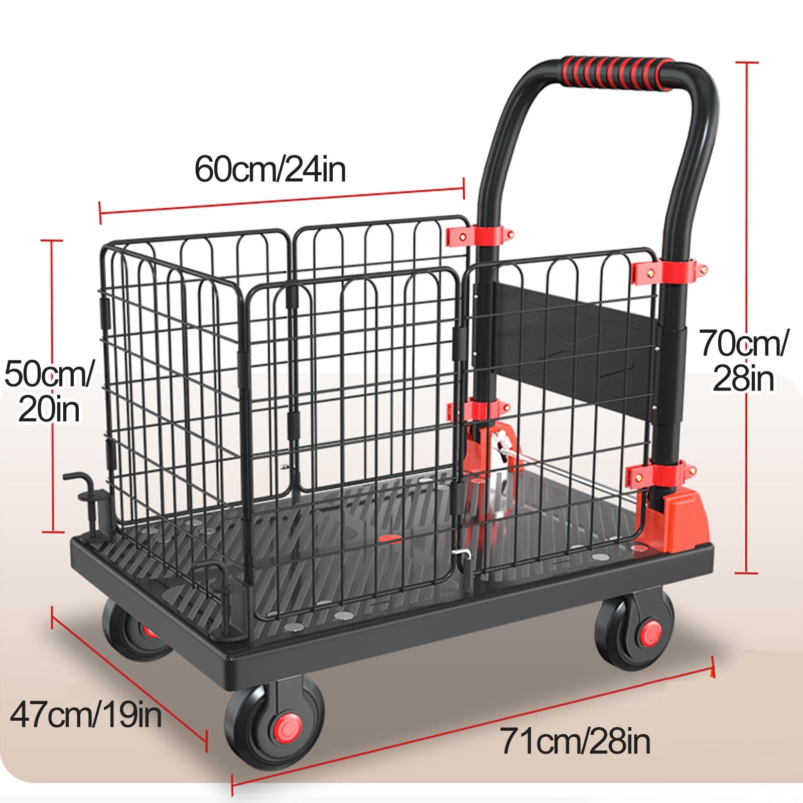 4 w 1 Wózek Platformowy z Klatką, Składany Wózek Ręczny, Ładunek 300 Kg z 4 Cichymi Kółkami, Wielofunkcyjny Wózek Platformowy do Zakupów Spożywczych, Pralni, Regałów, Przechowywania