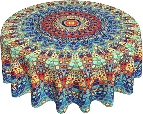 Miniatura 1 de Sweetshow Mantel redondo de 60 pulgadas con diseño de mandala, de poliéster bohemio, rústico, colorido, resistente a las arrugas, a las manchas,