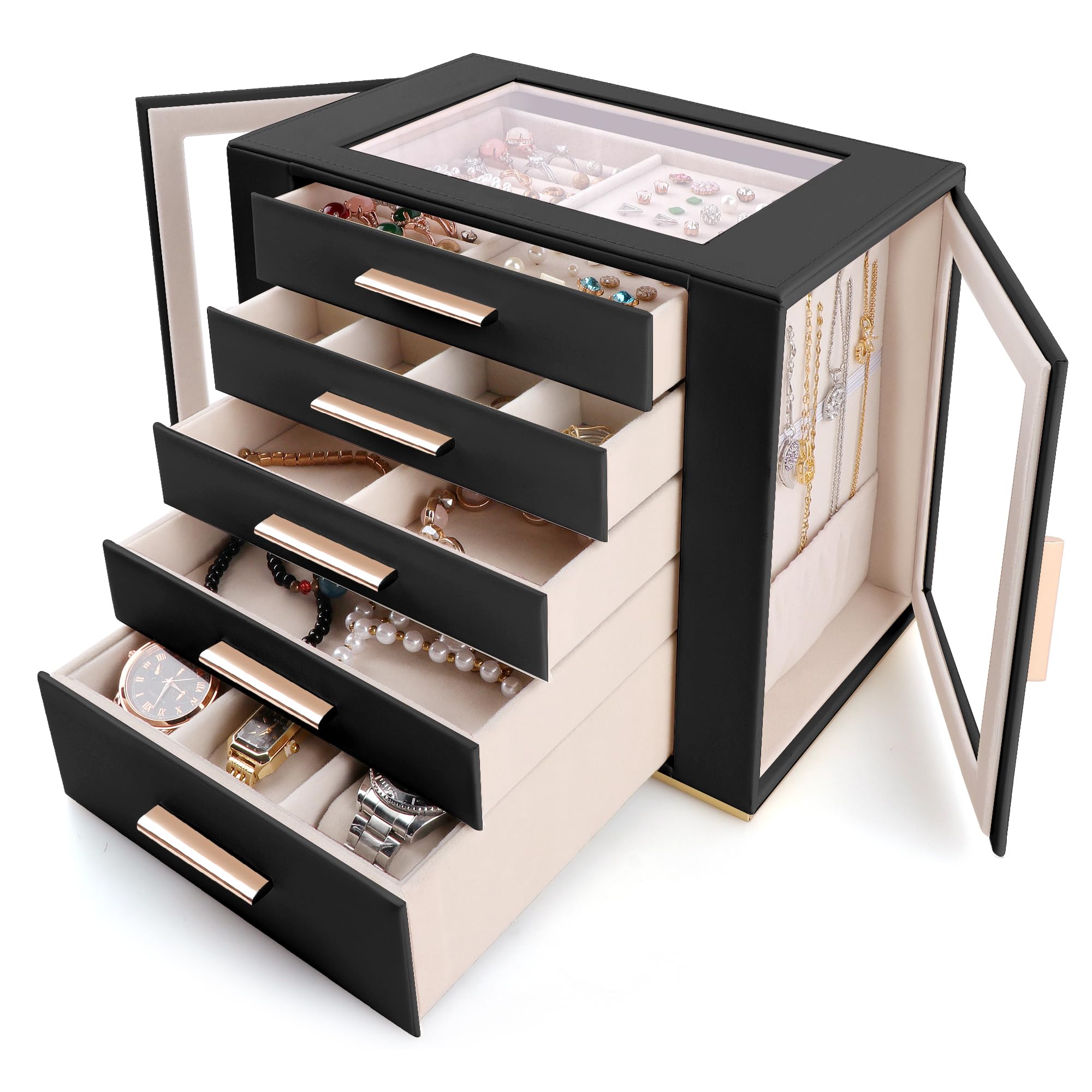 Homeanda Großes Schmuckkästchen für Frauen - 5 Lagen PU Leder Aufbewahrungsbox für Ringe, Ohrringe, Halsketten, Armbänder, Uhren & Haarschmuck