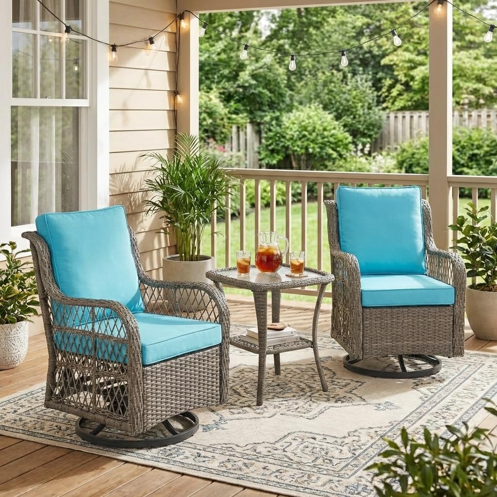 PeakPursuit 3 Piece Swivel Rocking Chairs & Table with Thick Cushions,Outdoor Patio Furniture Set, All-Weather PE Wicker Conversation Set for Porch, Deck,Gray&Light Blue