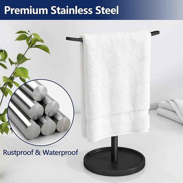 STWWO Hand Towel Holder, Stainless Steel Towel Holder Stand for Bathroom, Kitchen Countertop, T-Shaped Hand Towel Rack Stand, Black - 4