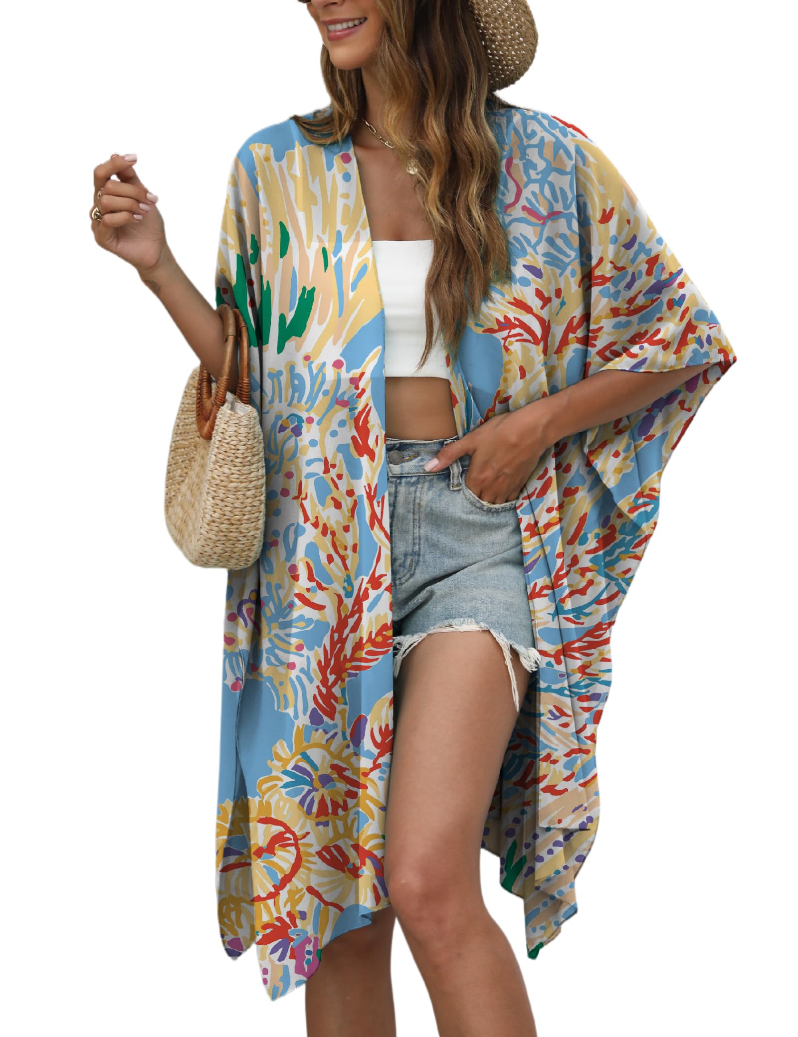 Chunoy Women Lightweight Kimono Cardigan Short Sleeve Loose Beach Wear Cover Up