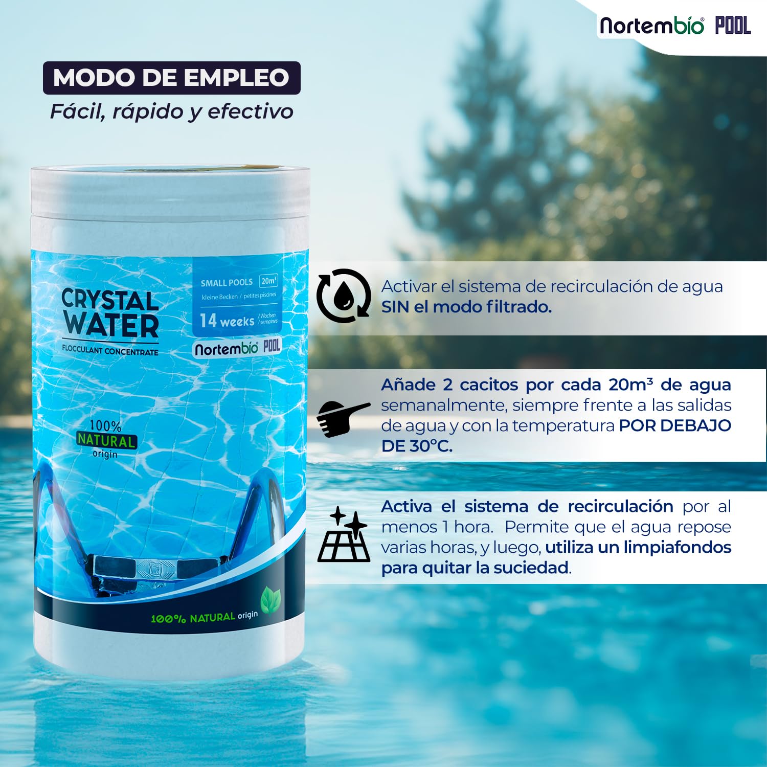 Nortembio Floculante Piscina Concentrado Clarificante Agua Turbia Piscina Pequeña Formato Ahorro 8 Semanas 100% Natural + Gratis eBook Usos y Consejos