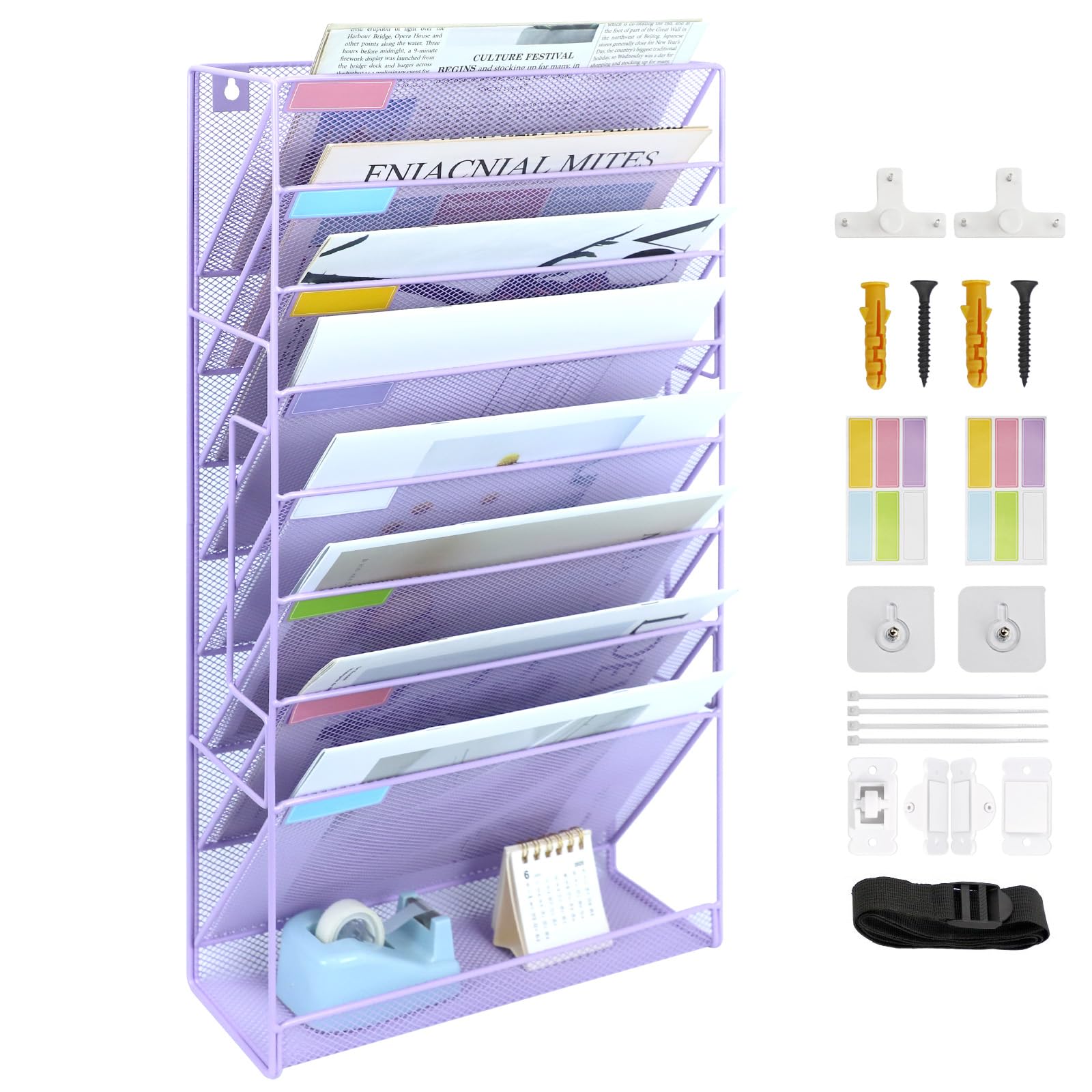 IOUGDSEC 9 Tier A4 Mesh in Tray Hanging Wall File Holder Magazine Document Holder Mail Organiser Magazine Storage Rack,Durable Metal Desktop File Organizer, Purple