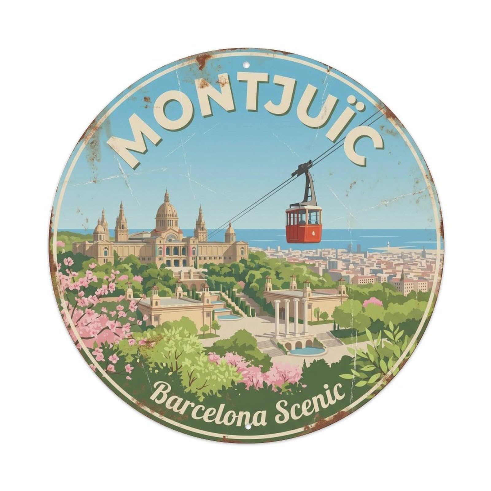 Vintage Travel Montjuic Barcelona Spain Scenic Metal Tin Sign Plaque