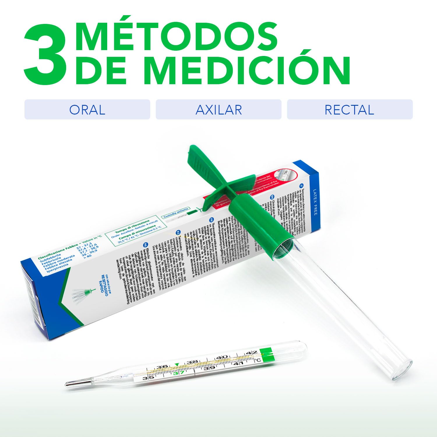 AIESI® Termómetro Clínico clásico de vidrio para fiebre de galio sin mercurio para adultos y niños ECOTHERM, Estuche para reajuste rápido, Ecológico, Garantía 24 meses