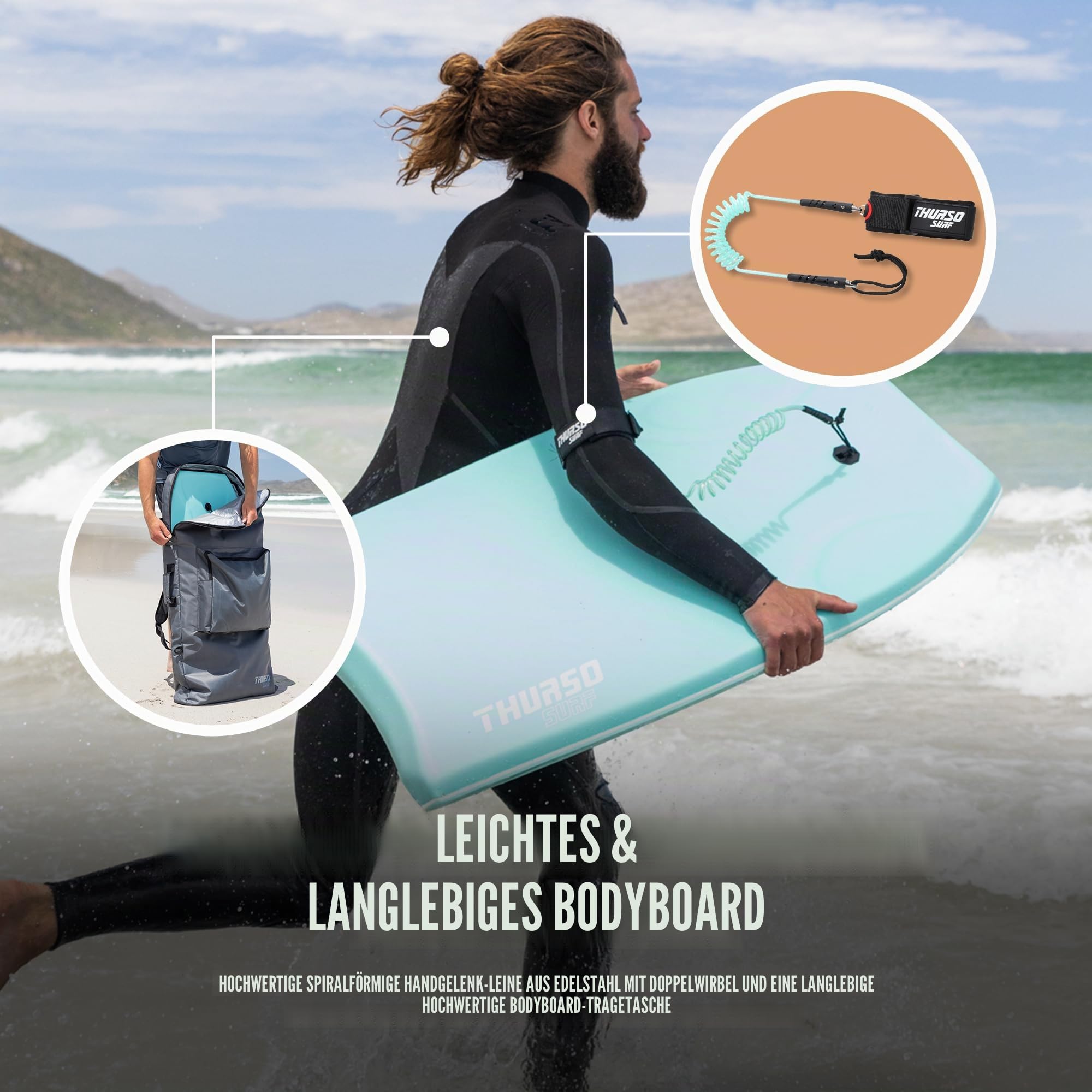 THURSO SURF Bodyboards für Strandpool, 106,7 cm, leichtes PE-Kern, IXPE-Deck, HDPE-Boden, FRP Stringer, Hochleistungs-Körperboard mit doppeltem Drehgelenk, Surfleine und Bodyboard-Tasche Lightning