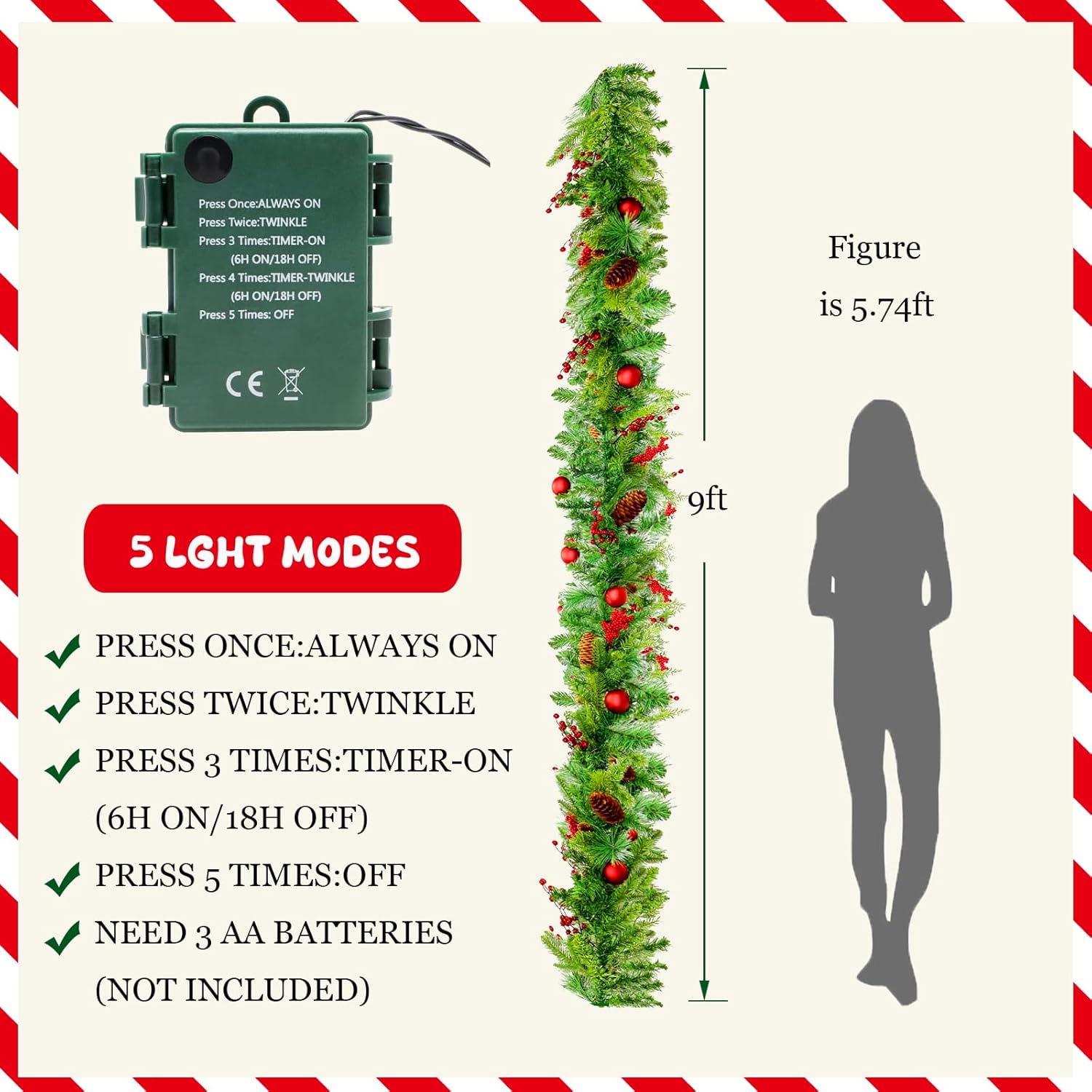 9 FT LED Christmas Garland with Pinecones Red Berries Bows Christmas Balls Candies, Multi-Function Christmas Garland with 50 Warm White LED Lights, 310 Branch Tips for Indoor Outdoor - Image 2