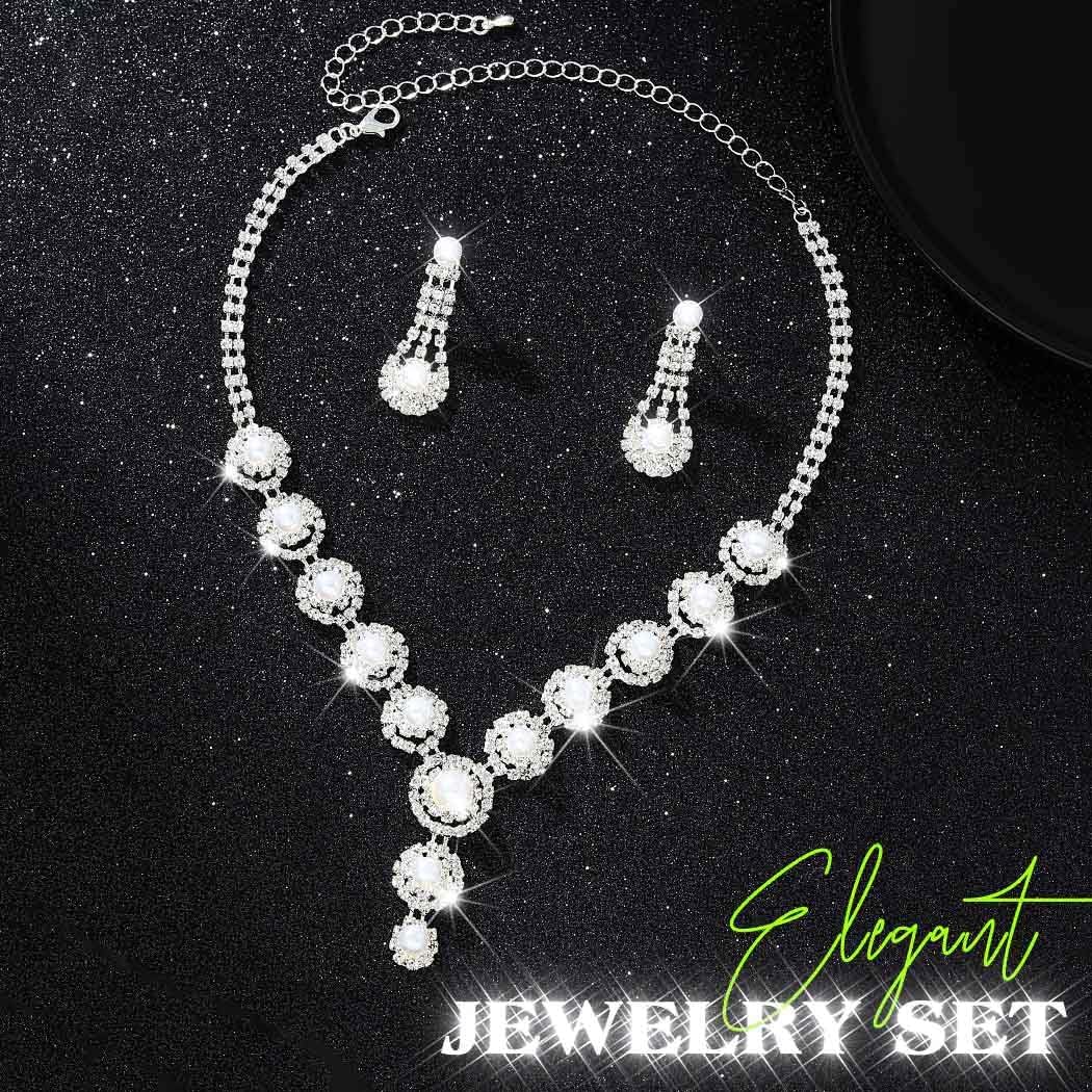 Sixexey Pearl Rhinestone Jewelry Set Prom Necklace Earrings for Women | White Pearl Jewelry Bridal Wedding Prom Costume Jewelry Accessories for Women