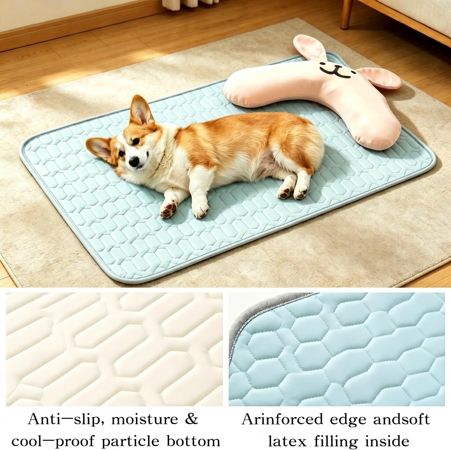 [36" x 28"] Dog Cooling Mat with Detachable Bunny Pillow, Ice Silk Pet Cooling Pad for Medium Large Dogs, Washable & Portable Dog Bed for Summer, Blue.