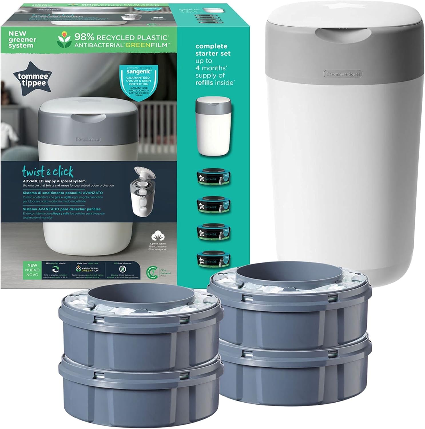 Tommee Tippee Twist and Click Advanced Nappy Bin, EcoFriendlier System, Includes 4x Refill