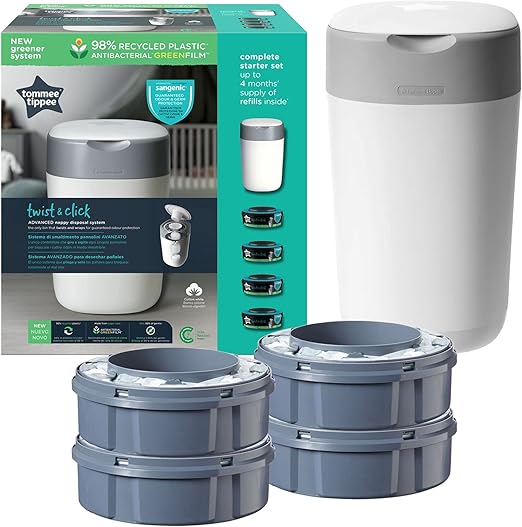 Tommee Tippee Twist and Click Advanced Nappy Bin, EcoFriendlier System, Includes 4x Refill