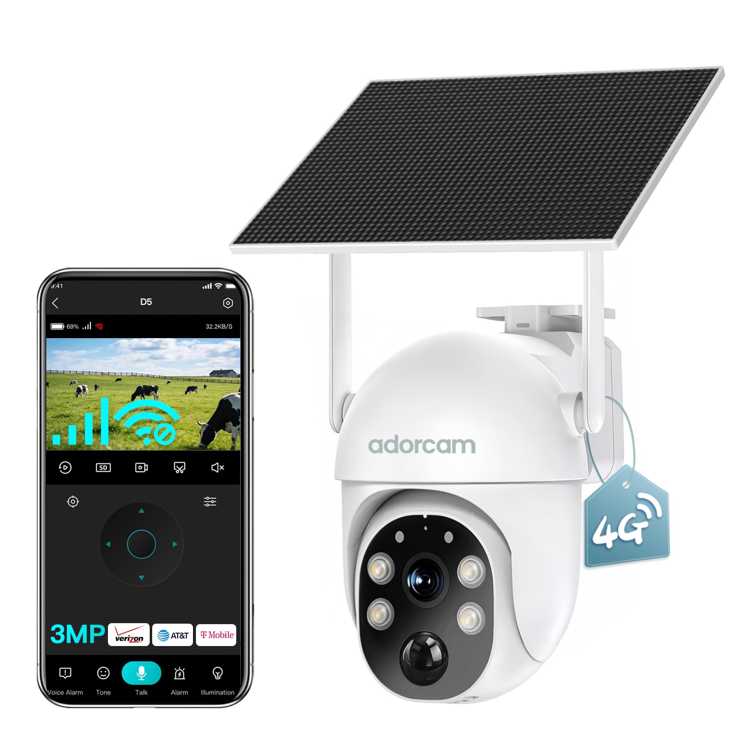adorcam Wireless Surveillance Camera for Outdoor: US-Wide 4G Coverage No WiFi Needed Non-Stop Solar Power - 5-Min Setup All Weather Guardian for Rural