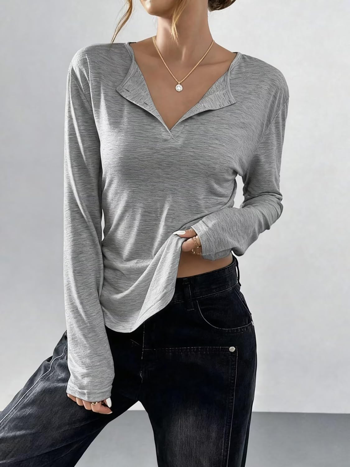 Women's Button-Front Long-Sleeve T-Shirt Curved Hem 2025 Fashion Top - Image 6