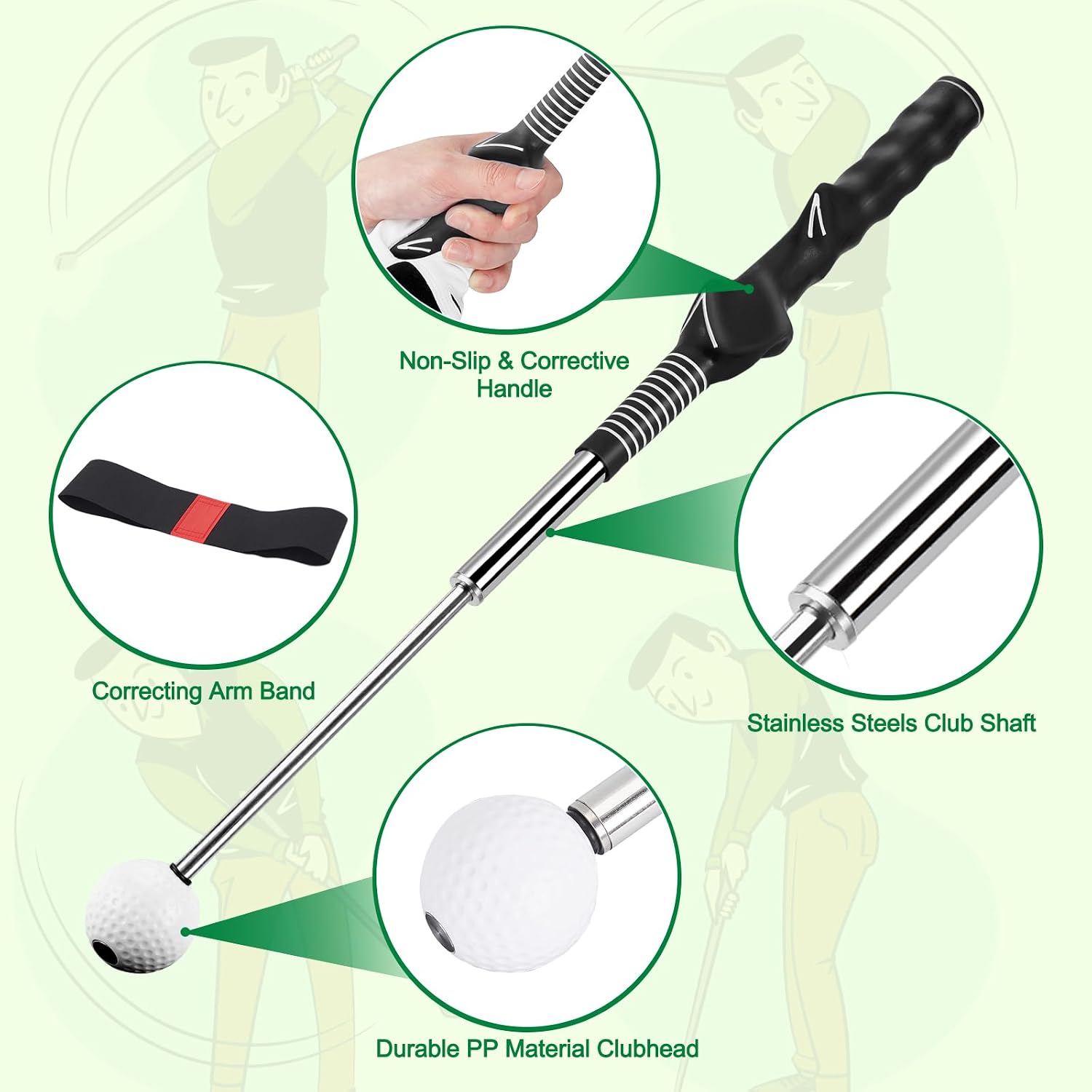 welspo Retractable Golf Swing Trainer Aid with Arm Band, Rhythm Click Sound, Warm-Up and Grip Trainer, Right-Handed Golf Club for Improve Chipping and Hitting Strength