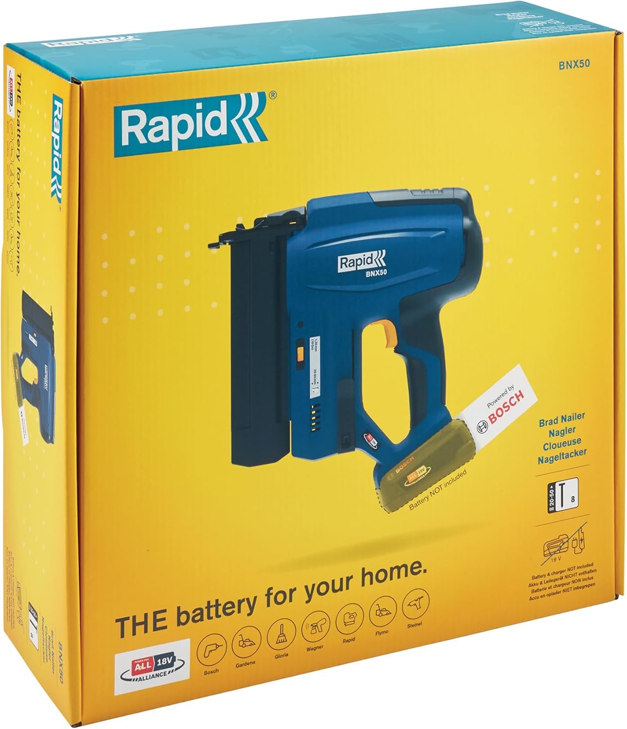 Rapid BNX50 Akku-Nagler 18V – Kabellose Nagelpistole für Nägel Typ 8 (20–50 mm) – Verstellbarer Einschlagtiefe und Bump-Fire – Ohne Akku und Ladegerät – Kompatibel mit POWER FOR ALL