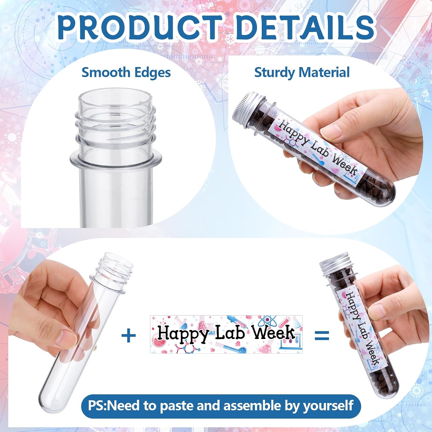 36Sets Lab Week Gifts Clear Plastic Test Tubes with Caps Happy Lab Week Stickers 45ml Small Tube 25mm x 140mm Clear Test Tubes Candy Containers Vials Storage for Sample Powder Seed ScienceThemed Gifts image 3
