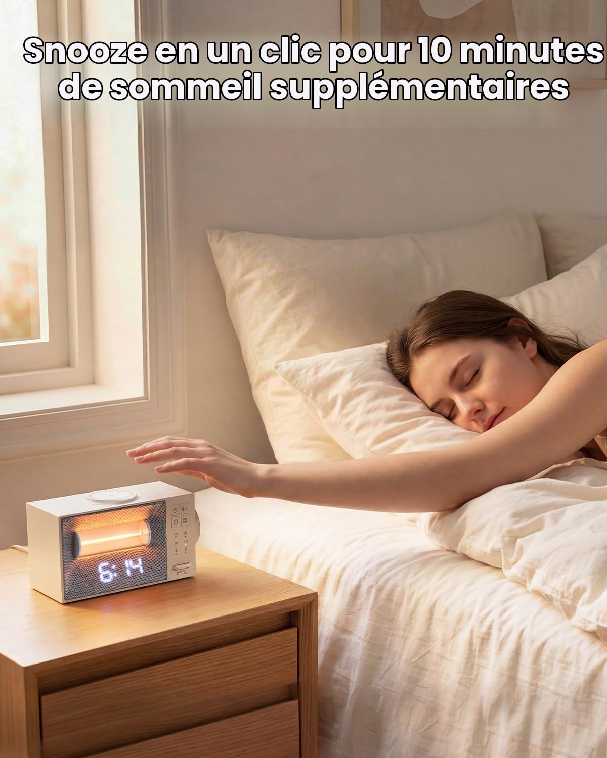 Lampe de Chevet 3 en 1 avec Chargeur sans Fil et Réveil Lumineux – Station d’Accueil pour iPhone, Veilleuse avec 20 Sons Apaisants, Simulateur d’Aube pour Chambre, Bureau et Table de Nuit