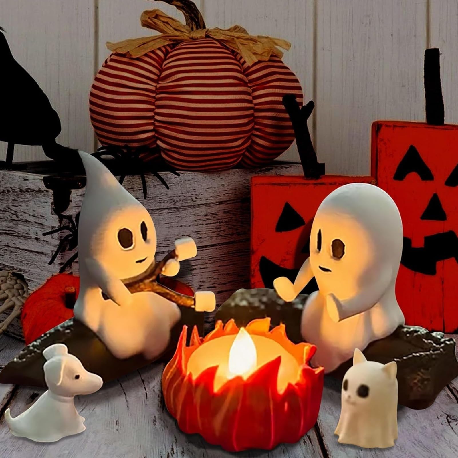 Ghost Campfire lampka nocna, 3D duch, ognisko, migocząca lampka nocna, zabawna dekoracja na Halloween, urocza przytulna upiorna statuetka, lampka nocna do domowego kominka lub biurka (wszystkie)