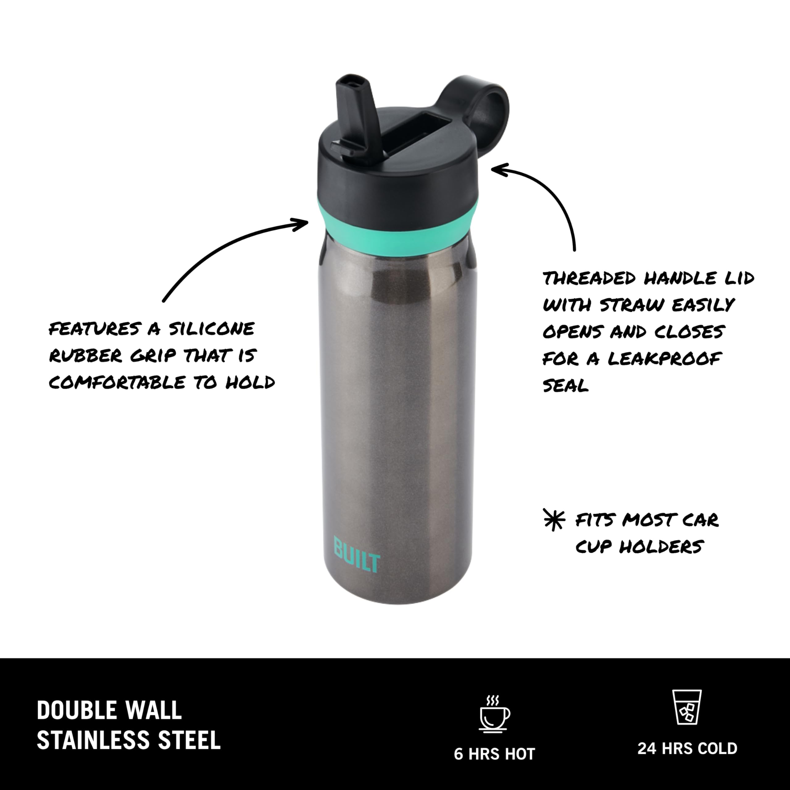 BUILT Botella en cascada de acero inoxidable de doble pared de 20 onzas líquidas, tapa con popote resistente a derrames, vaso de viaje con agarre de goma para mantener las bebidas frías y calientes