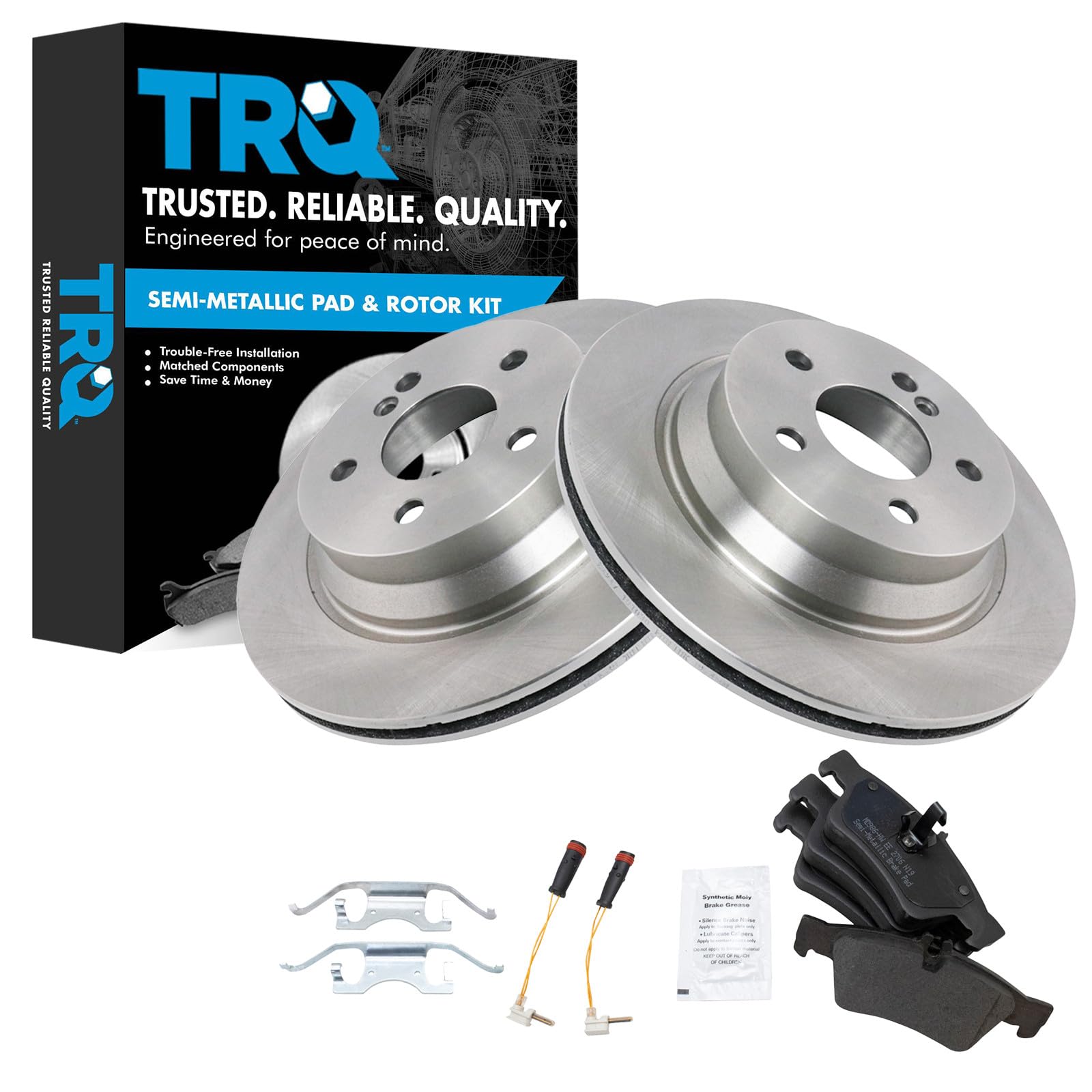 TRQ Rear Brake Pad and Rotor Set Semi Metallic Vented Rotors Compatible with 2003-2005 E320 2003-2006 E500 2006 CLS500 2006-2016 E350 2007-2009 E550 2007-2011 CLS550 2013-2016 E400 2015-2016 CLS400