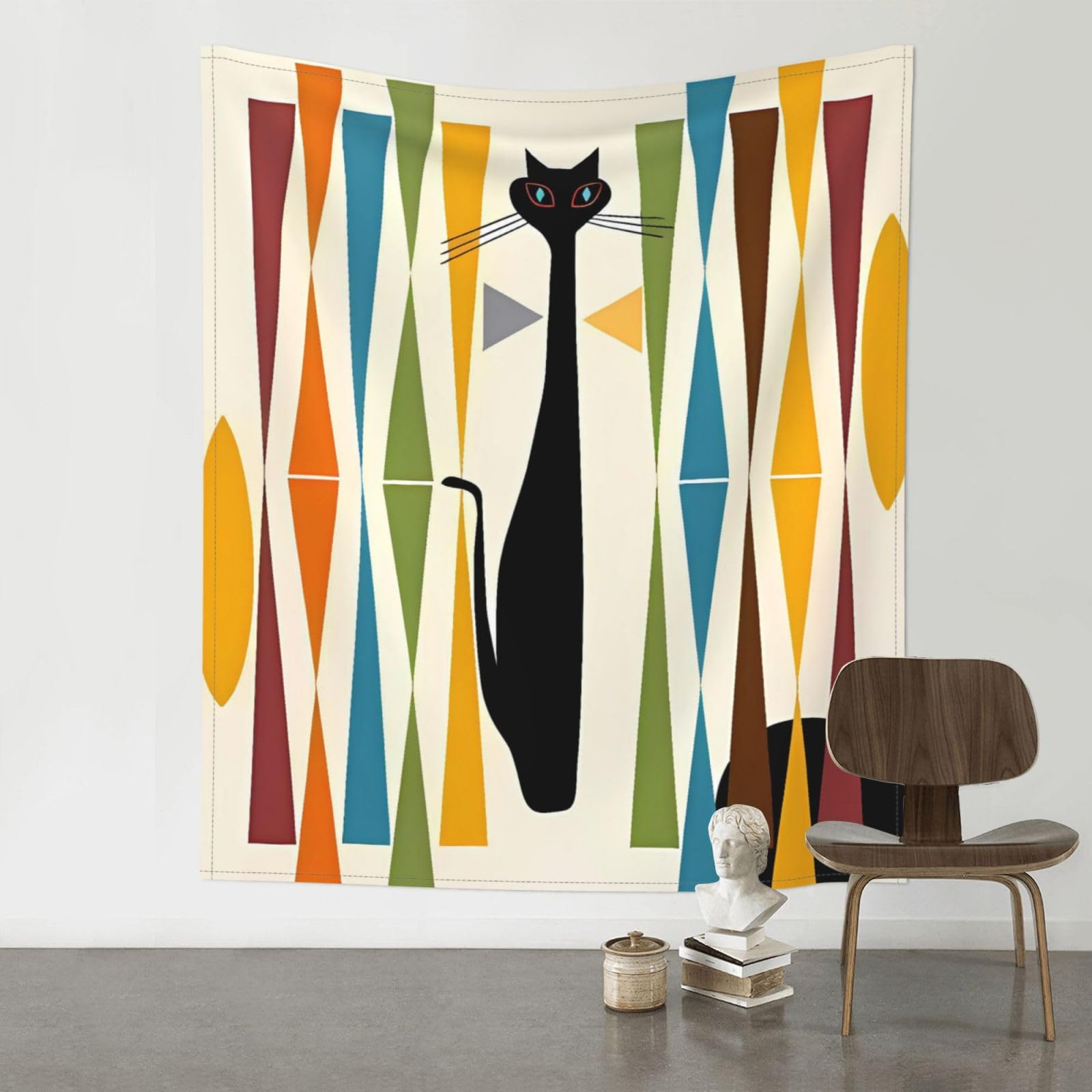 YYHHAOFA Mid-Century Modern Art Cat Prints 60x51in Wall Tapestry – Durable Polyester Throw for Dorm, Beach, & Home Decor