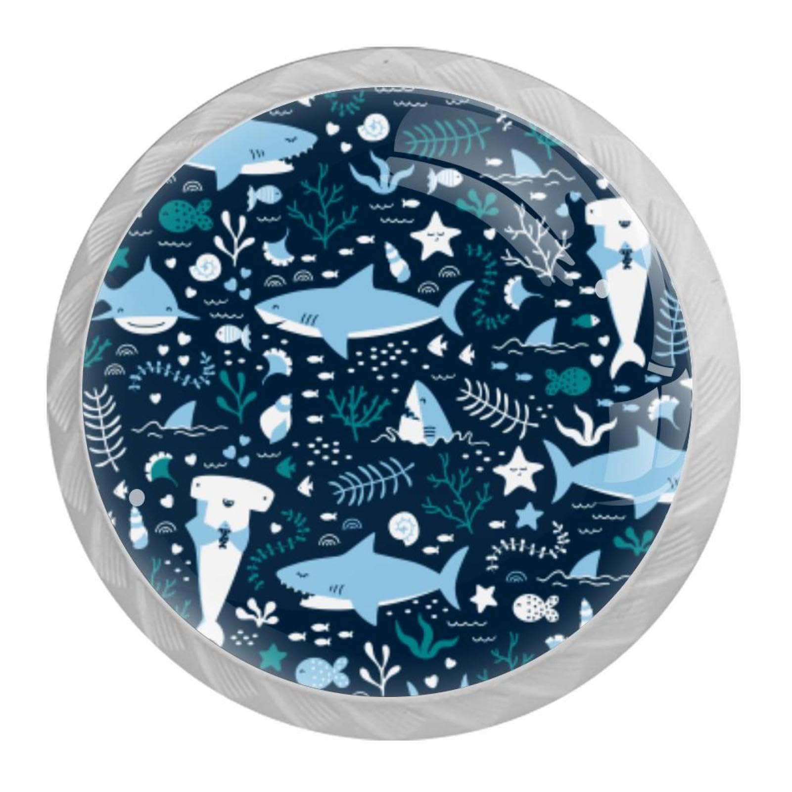 Tqmspg Multi09 4 Pieces Drawer Pulls Blue Sharks Sea Leaves Door Knobs Dresser Handles For Kitchen Wardrobe Cupboard Hardware Furniture