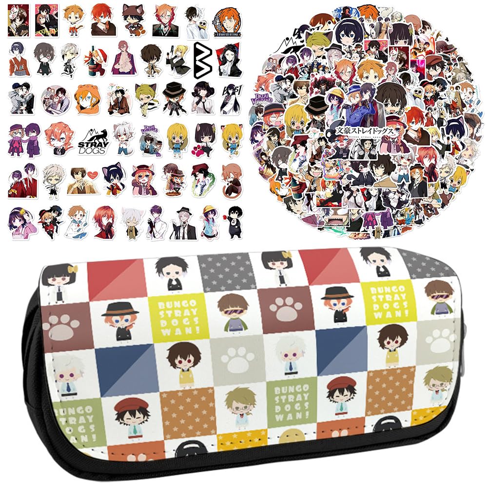 Bungo Stray Dogs Anime Printed Pencil Case Student Stationery Bag Large Capacity Double Layer Pencil Bag Free 100 pcs Anime Stickers Cartoon Graffiti Waterproof Stickers