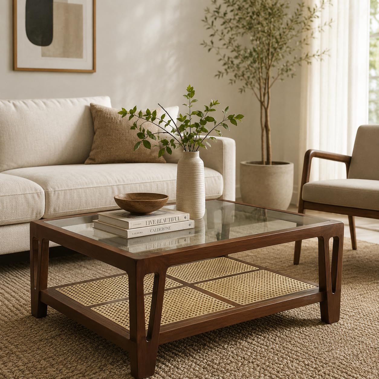Premium Solid Teak Wood Coffee Table with Glass Top, Walnut Finish, Matt Surface for Elegant Living Spaces (Walnut, Glass, Teak Wood)-image-14