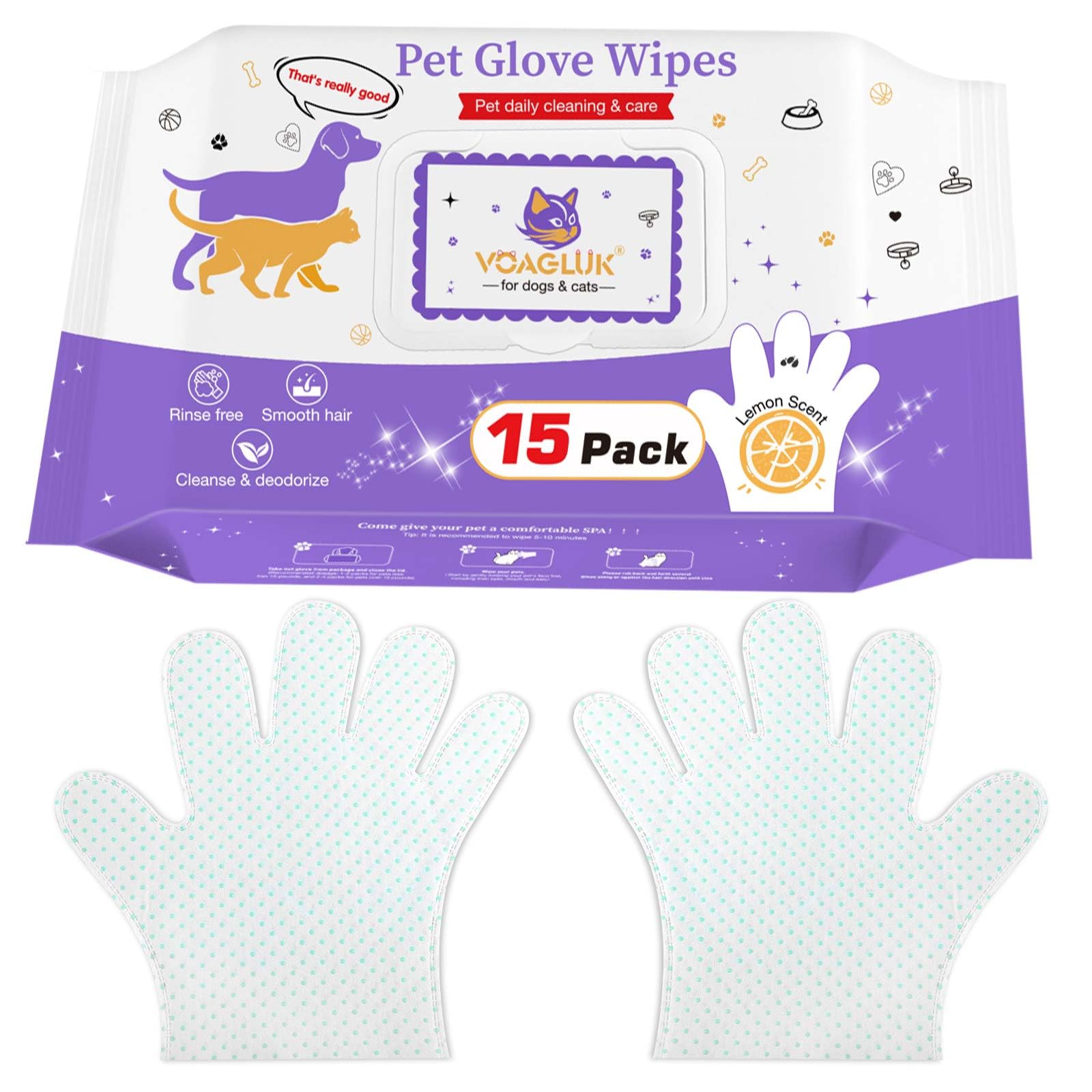 VoagLuk Dog Wipes 15 PCS Pet Cleaning and Deodorizing Bath Wipes for Dogs & Cats Rinse Free Grooming Gloves for Paws, Butt, Face and Fur