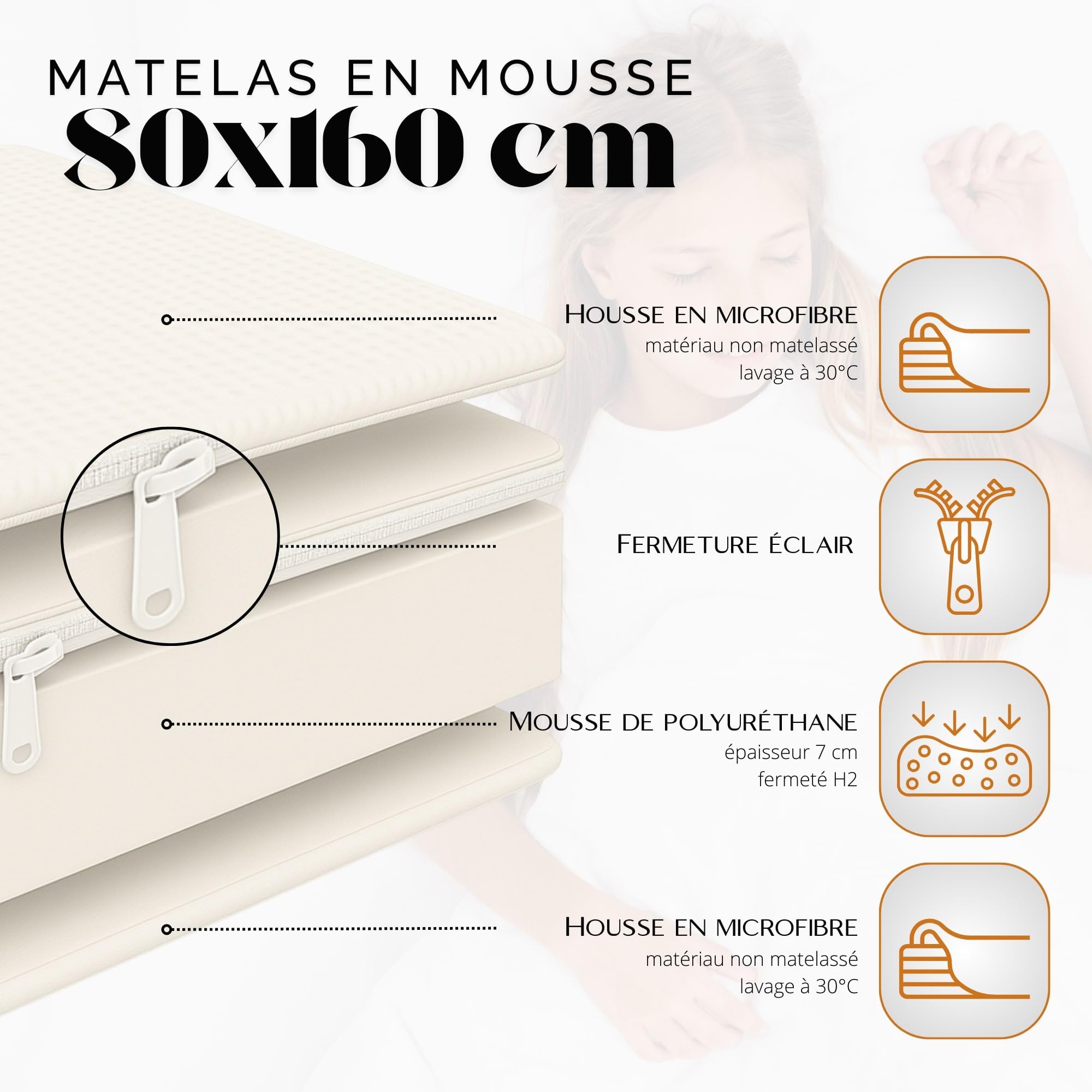 KOBI Matelas en Mousse 80x160, Matelas de lit, H2 Semi-Flexible, pour Chambre d'enfant, Double Face, Respirant, déhoussable