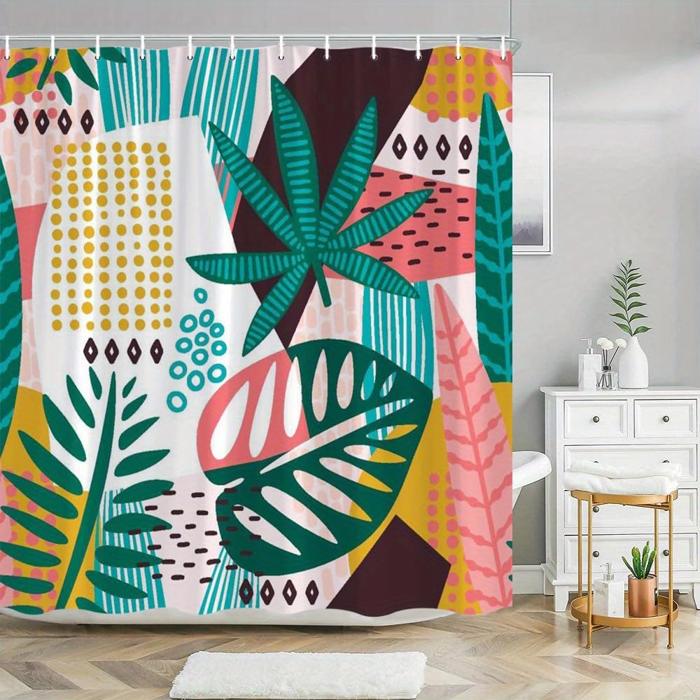 GLWDMB 1 Piece 90x180CM Colorful Tropical Plants and Geometric Shapes Printed Shower Curtain With Hook, Polyester, for Windows And Walls, Bathtub, Bathroom, Machine Washable, All Season Universal