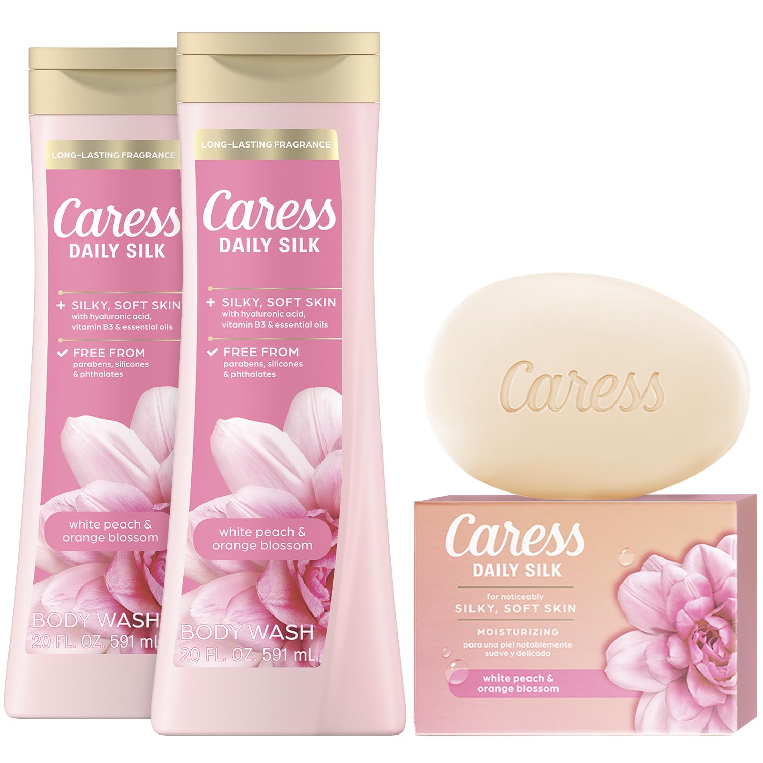 Caress Body Wash 2-Pack + Bar Soap, Daily Silk Bundle – Bath & Shower Essentials for Silky Soft Skin, White Peach & Orange Blossom