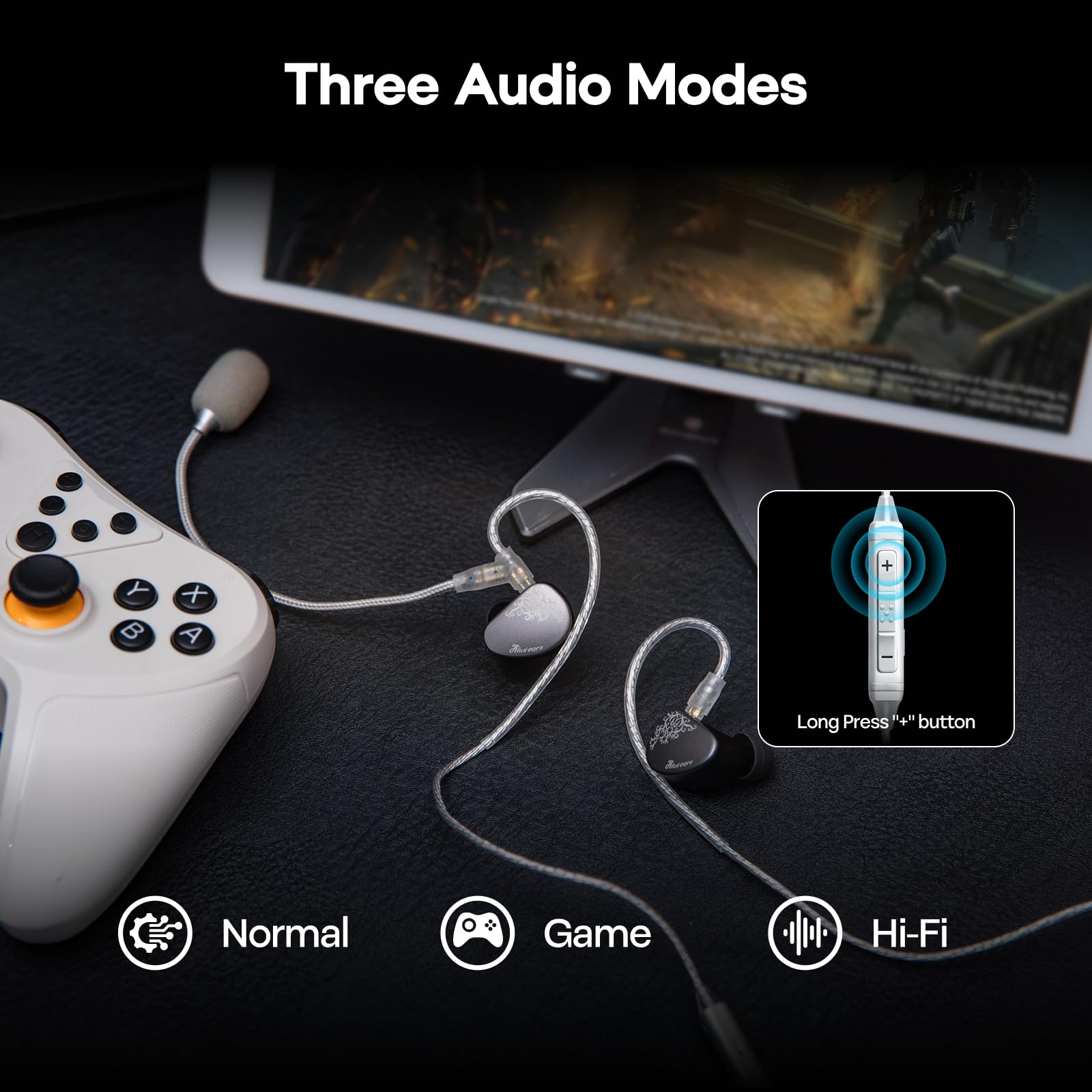 Linsoul Kiwi Ears S-Link Type-C kabel do słuchawek dousznych, kabel do słuchawek gamingowych z DAC+DSP, podwójnym mikrofonem, 3 trybami inteligentnego sterowania (Srebro, 2-pinowy)