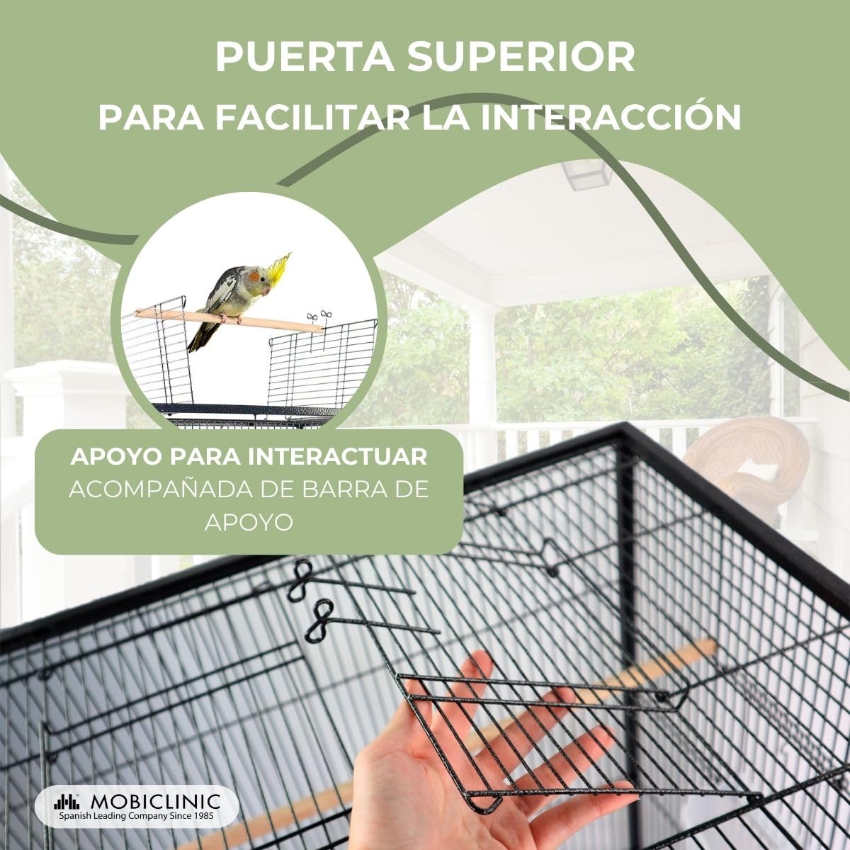 Mobiclinic®, Jaula de Pájaros, XL, con Ruedas, Frenos, Apertura Superior, Bandeja Extraíble, 8 Puertas, Grande, 95x43x61.5 cm, Comederos, Bebederos, Perchas Descanso, Agapornis, Loros, NINFA