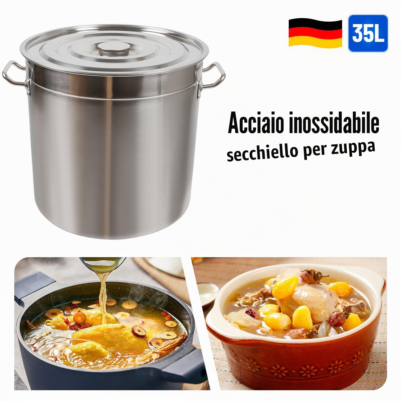 Pentola in acciaio inox, 35 cm, per cottura a induzione, 35 l, con coperchio universale