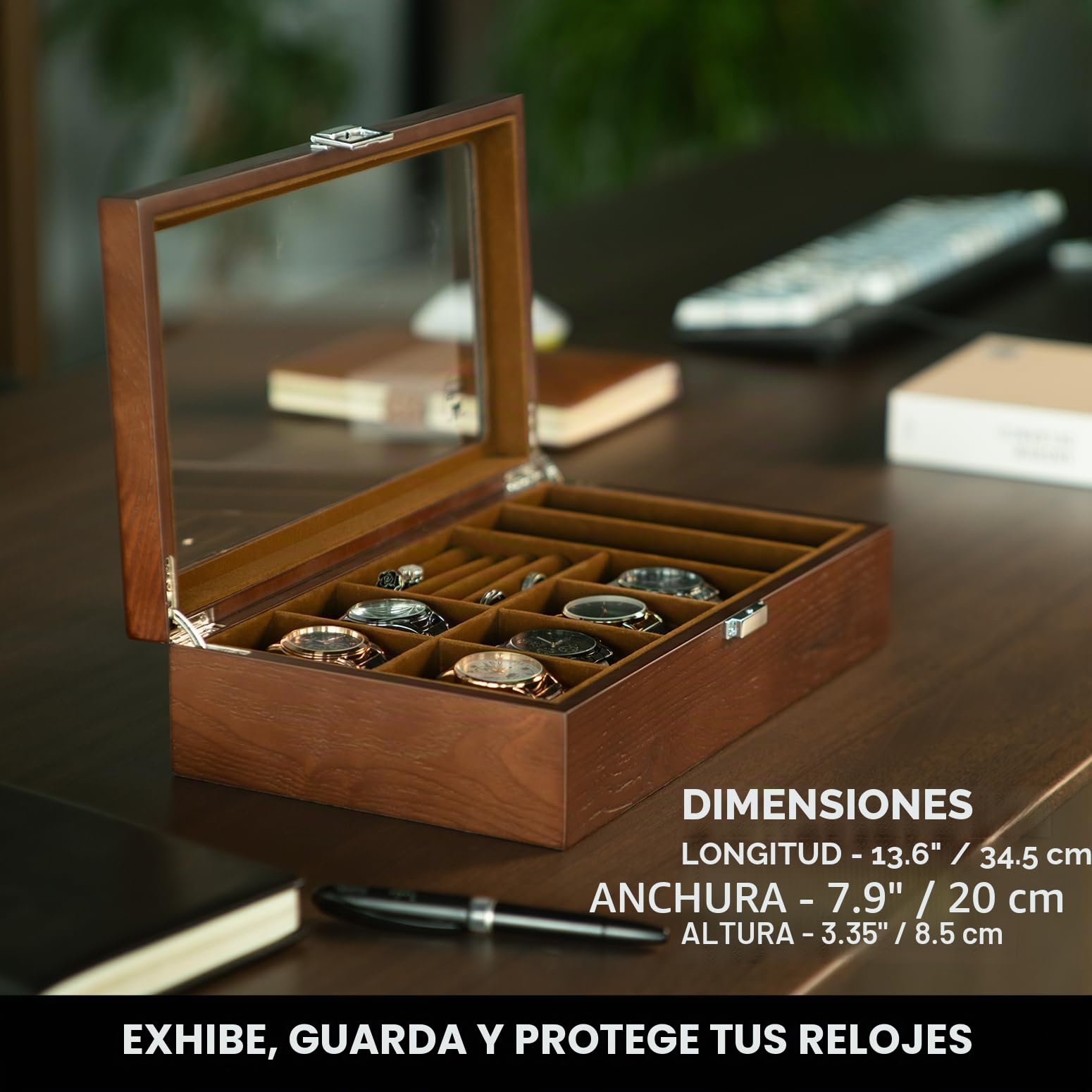 Slege Caja Relojes de Madera,con 6 Compartimentos,Joyero Organizador de Relojes,Caja de Reloj y Gafas de Sol,Expositor Gafas,Cubierta de Vidrio,para Anillo,Pendientes,Gemelos,Regalos Hombre y Mujer